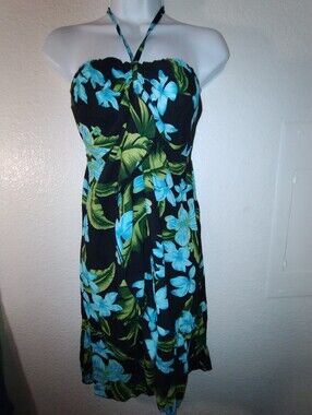 Hawaiian Dress OSFM Black Blue Green Flowers Leaves Tie Neck